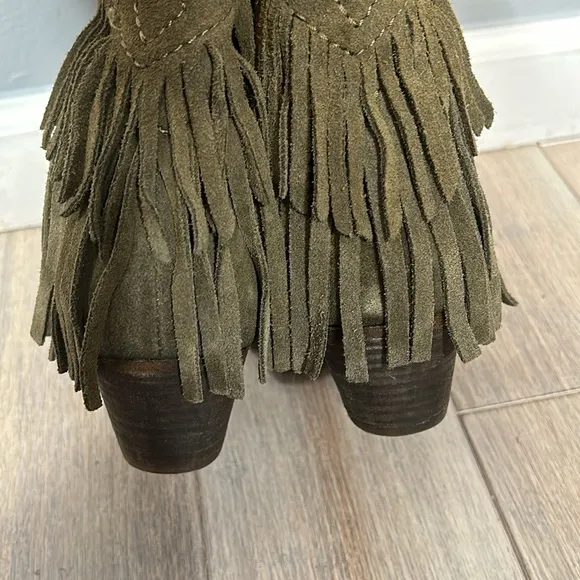 Free People Lawless Fringe Taupe Block Heel Western Ankle Boots Size 36 / 6