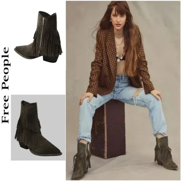 Free People Lawless Fringe Taupe Block Heel Western Ankle Boots Size 36 / 6