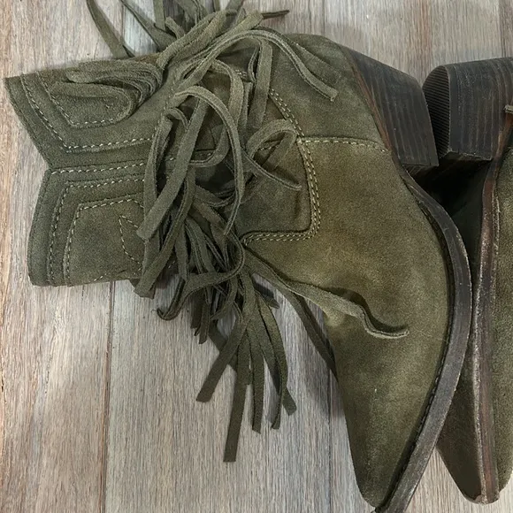 Free People Lawless Fringe Taupe Block Heel Western Ankle Boots Size 36 / 6