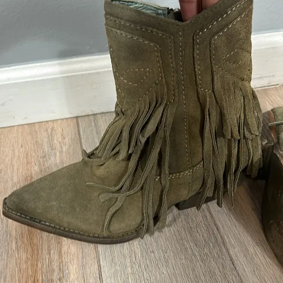 Free People Lawless Fringe Taupe Block Heel Western Ankle Boots Size 36 / 6