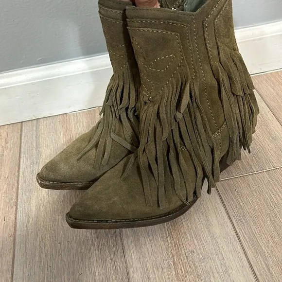Free People Lawless Fringe Taupe Block Heel Western Ankle Boots Size 36 / 6