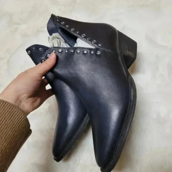 Free People Studded Charm Double V Boots Black Leather Pointed Toe Low Heel