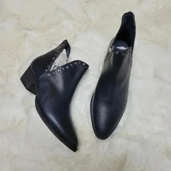 Free People Studded Charm Double V Boots Black Leather Pointed Toe Low Heel
