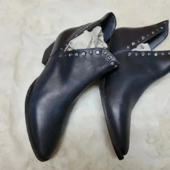 Free People Studded Charm Double V Boots Black Leather Pointed Toe Low Heel