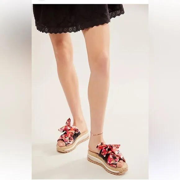 Free People Chapmin Printed Bow Espadrille Platform Slide Sandals 8.5 (39) NIB