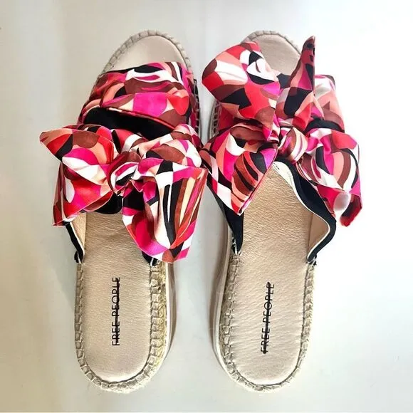 Free People Chapmin Printed Bow Espadrille Platform Slide Sandals 8.5 (39) NIB
