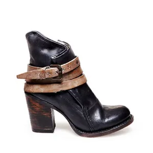 FREEBIRD | Blaze Black &amp; Brown Leather Distressed Boots Booties Cognac 7