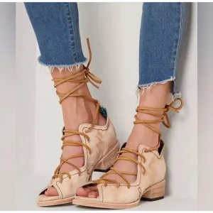 Freebird by Steven Peace Lace Up Sandal Shoe Natural Leather Women's Size 9.5