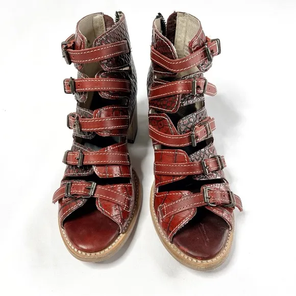 Freebird by Steven Quinn Red Embossed Crocodile Strappy Boots Sandals