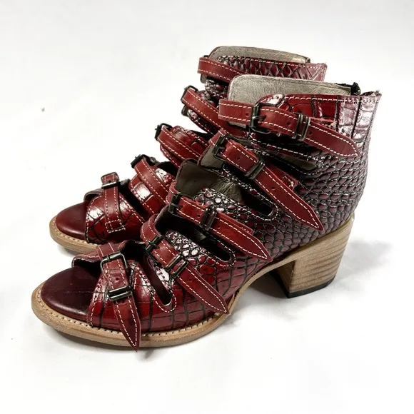 Freebird by Steven Quinn Red Embossed Crocodile Strappy Boots Sandals
