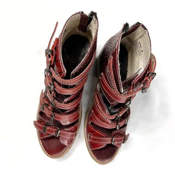 Freebird by Steven Quinn Red Embossed Crocodile Strappy Boots Sandals