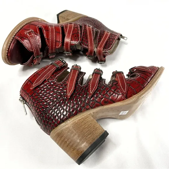 Freebird by Steven Quinn Red Embossed Crocodile Strappy Boots Sandals
