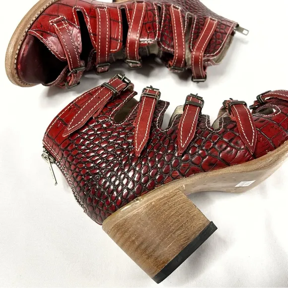 Freebird by Steven Quinn Red Embossed Crocodile Strappy Boots Sandals