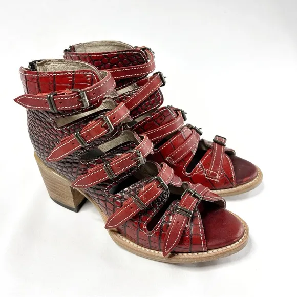 Freebird by Steven Quinn Red Embossed Crocodile Strappy Boots Sandals
