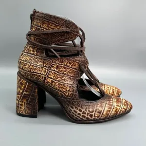 Freebird Joyce Snake Croc Ankle Boots Womens 7 Point Toe Lace Block Heel Bootie