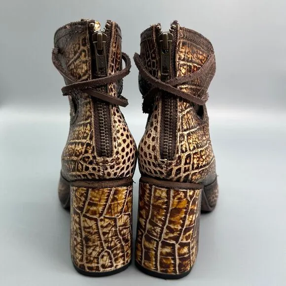 Freebird Joyce Snake Croc Ankle Boots Womens 7 Point Toe Lace Block Heel Bootie