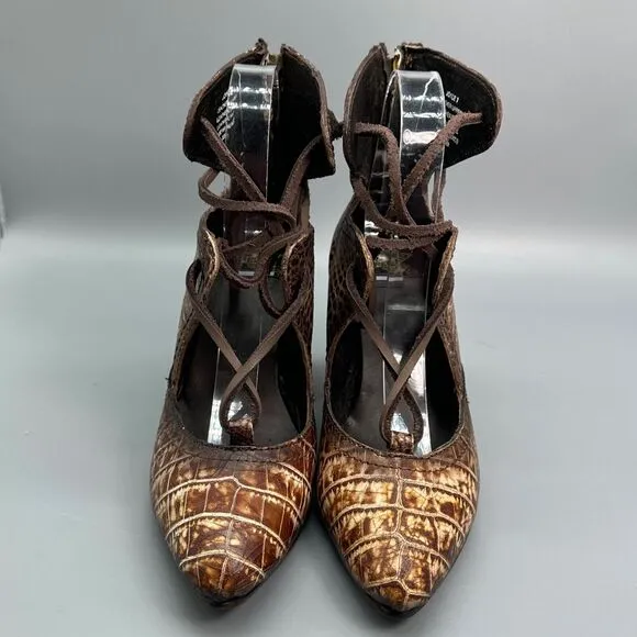 Freebird Joyce Snake Croc Ankle Boots Womens 7 Point Toe Lace Block Heel Bootie