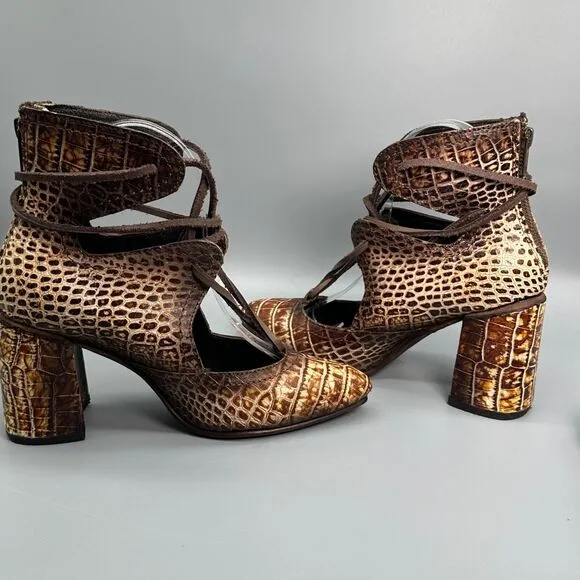 Freebird Joyce Snake Croc Ankle Boots Womens 7 Point Toe Lace Block Heel Bootie