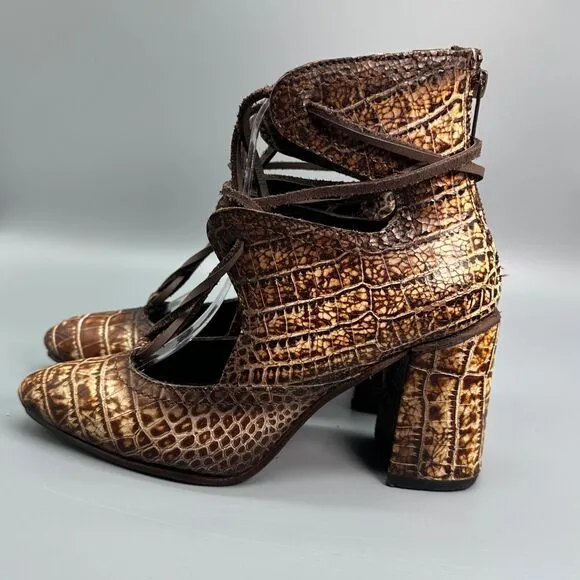 Freebird Joyce Snake Croc Ankle Boots Womens 7 Point Toe Lace Block Heel Bootie