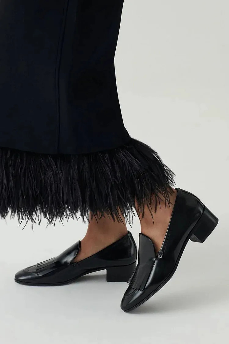 Fringe Trim Round Toe Low Block Heel Black Loafers [Pre Ordine]