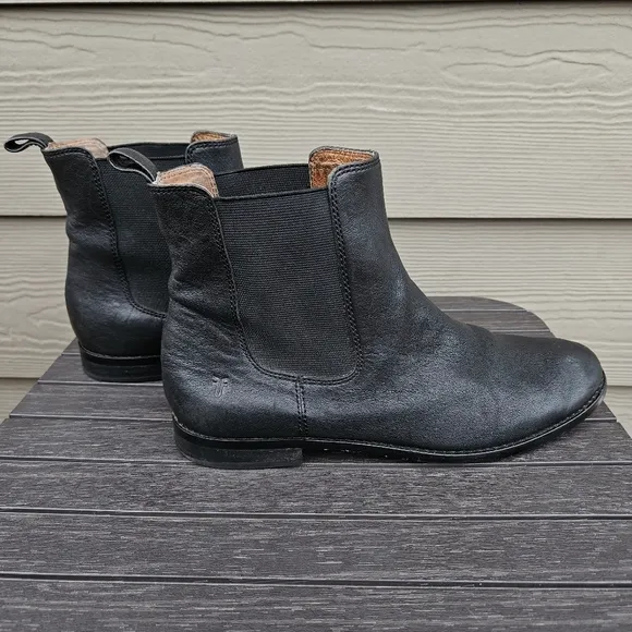Frye Anna Chelsea Black Leather Boots Pull On Low Heel Shoes Women's Size 8