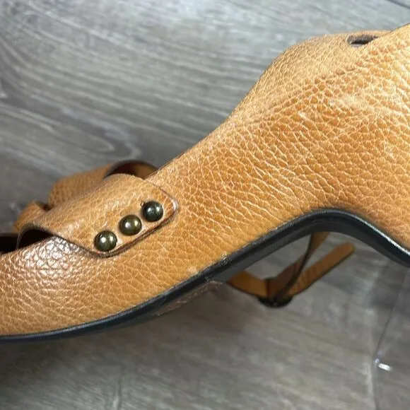Frye Boots American Original Tan Leather Women’s Sz 9.5B Wrap Around Strap Heels