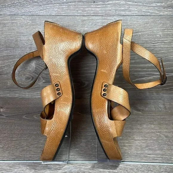 Frye Boots American Original Tan Leather Women’s Sz 9.5B Wrap Around Strap Heels