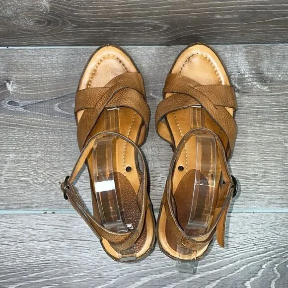 Frye Boots American Original Tan Leather Women’s Sz 9.5B Wrap Around Strap Heels