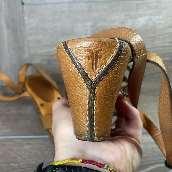 Frye Boots American Original Tan Leather Women’s Sz 9.5B Wrap Around Strap Heels