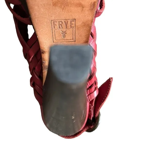 FRYE JOY HUARACHE LEATHER SANDALS 8 Brick Red Sling Back Wood Heels