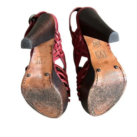 FRYE JOY HUARACHE LEATHER SANDALS 8 Brick Red Sling Back Wood Heels