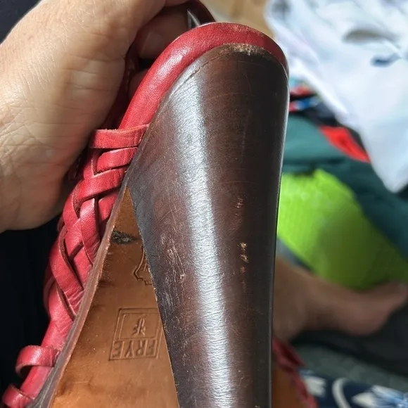 FRYE JOY HUARACHE LEATHER SANDALS 8 Brick Red Sling Back Wood Heels