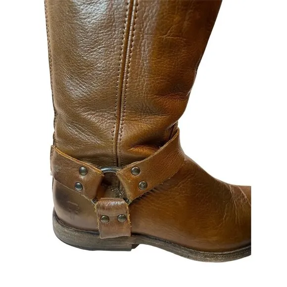 Frye Phillip Harness Tall Brown Soft Leather Low Heel Back Zip Boots Sz 7