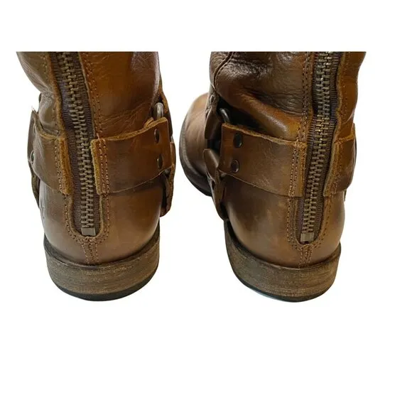 Frye Phillip Harness Tall Brown Soft Leather Low Heel Back Zip Boots Sz 7
