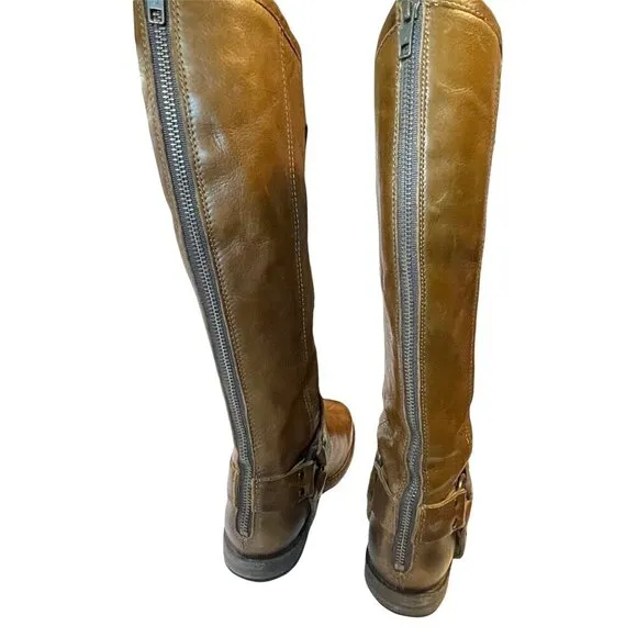 Frye Phillip Harness Tall Brown Soft Leather Low Heel Back Zip Boots Sz 7