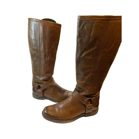 Frye Phillip Harness Tall Brown Soft Leather Low Heel Back Zip Boots Sz 7
