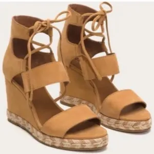 FRYE Roberta Gillie Wedge Sandals Women's 8 Brown Leather Lace Up Espadrille