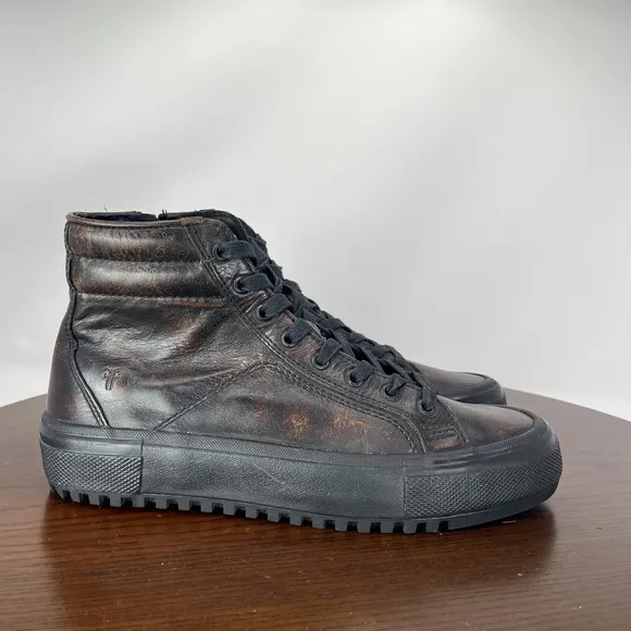 Frye Varick Shoes Men's 8 Brown Leather High Top Side Zip Sneakers  3480246 BLK