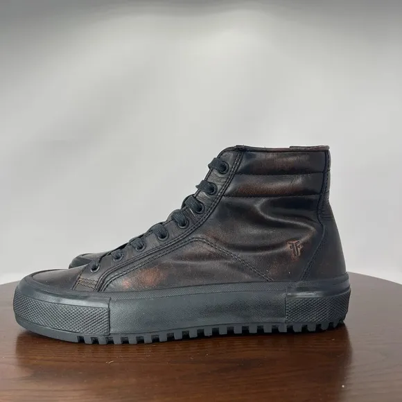 Frye Varick Shoes Men's 8 Brown Leather High Top Side Zip Sneakers  3480246 BLK
