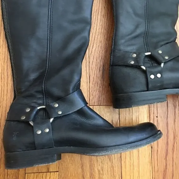 Frye Phillip Tall Harness Black Leather Boots | Size 6.5