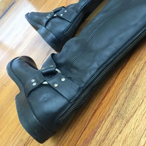 Frye Phillip Tall Harness Black Leather Boots | Size 6.5