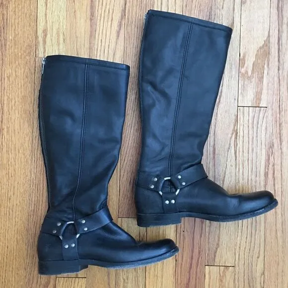 Frye Phillip Tall Harness Black Leather Boots | Size 6.5