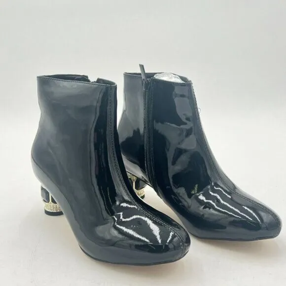 FSJ Black Round Toe Crystal Chunky Block Low Heel Side Zipper Ankle Boots Ladies