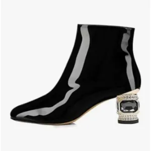 FSJ Black Round Toe Crystal Chunky Block Low Heel Side Zipper Ankle Boots Ladies