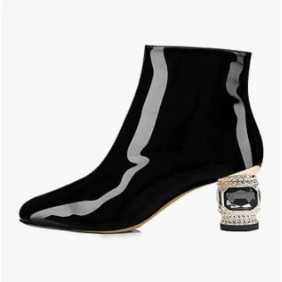 FSJ Black Round Toe Crystal Chunky Block Low Heel Side Zipper Ankle Boots Ladies