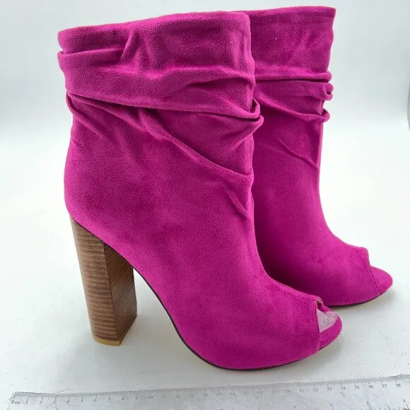 FSJ Fuchsia Peep Toe Slouch Ankle Boots Chunky Stacked Heels Party Dress Shoes