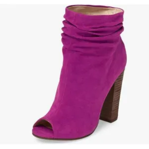 FSJ Fuchsia Peep Toe Slouch Ankle Boots Chunky Stacked Heels Party Dress Shoes