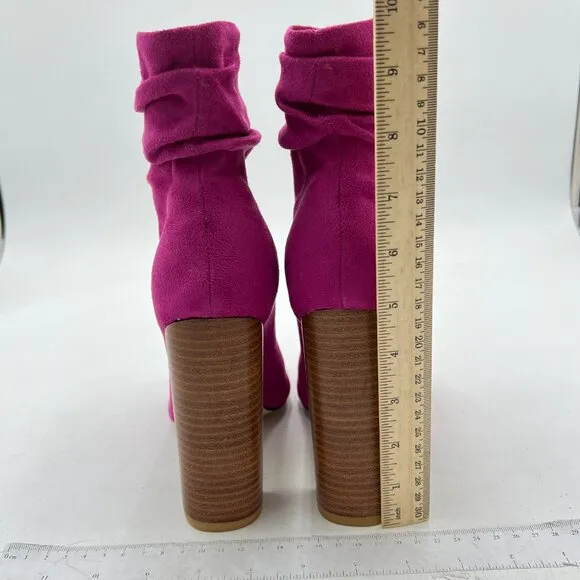 FSJ Fuchsia Peep Toe Slouch Ankle Boots Chunky Stacked Heels Party Dress Shoes