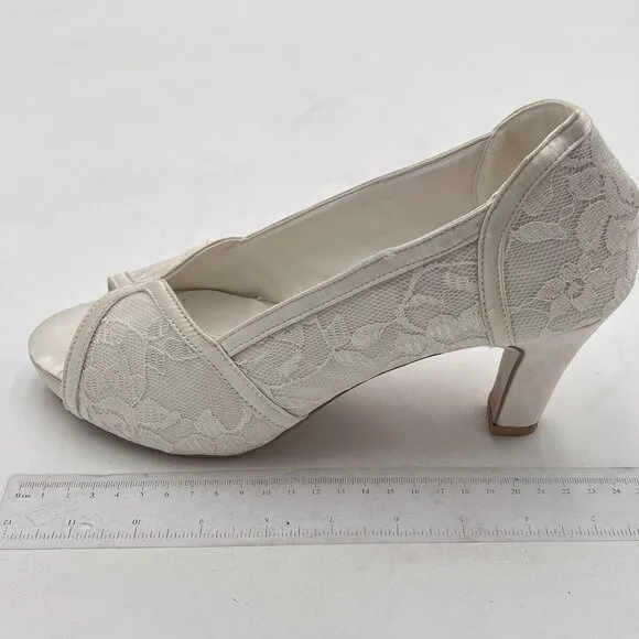 FSJ White Lace Bridal Shoes Satin Peep Toe Platform Mid Heels Wedding Pumps