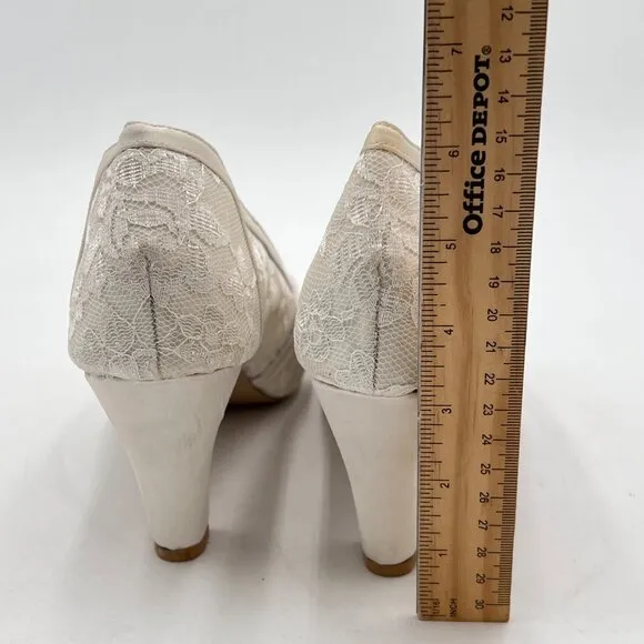 FSJ White Lace Bridal Shoes Satin Peep Toe Platform Mid Heels Wedding Pumps